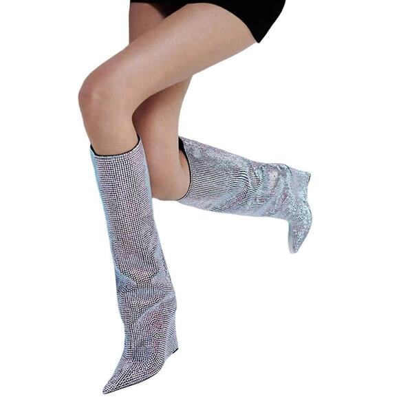 GaborTwo Rhinestone Pointed Toe Tall Wedge Boots size 7.5 - Picture 1 of 10